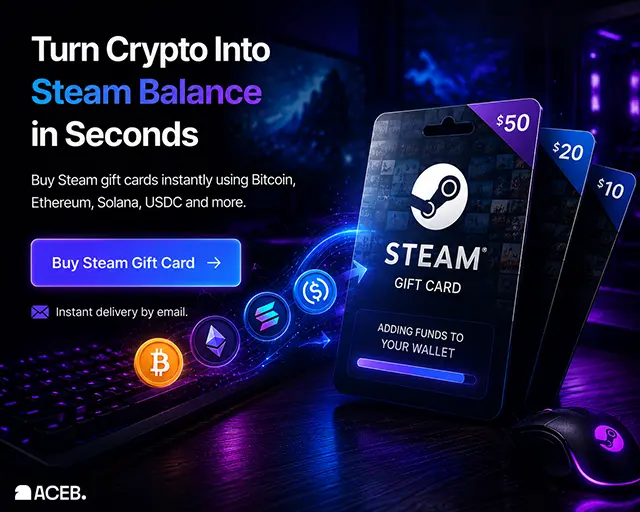 Turn crypto into Steam balance in seconds Banner